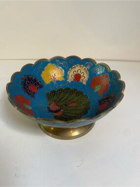 Vintage Decorative Brass Trinket Dish With Enamel Peacock Design India
